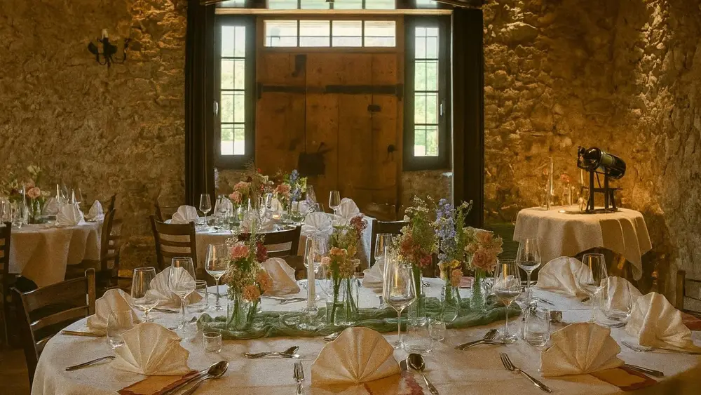 Festlich gedeckte Tafel mit Blumenschmuck im Mühleraum des Mühlerama Seon
