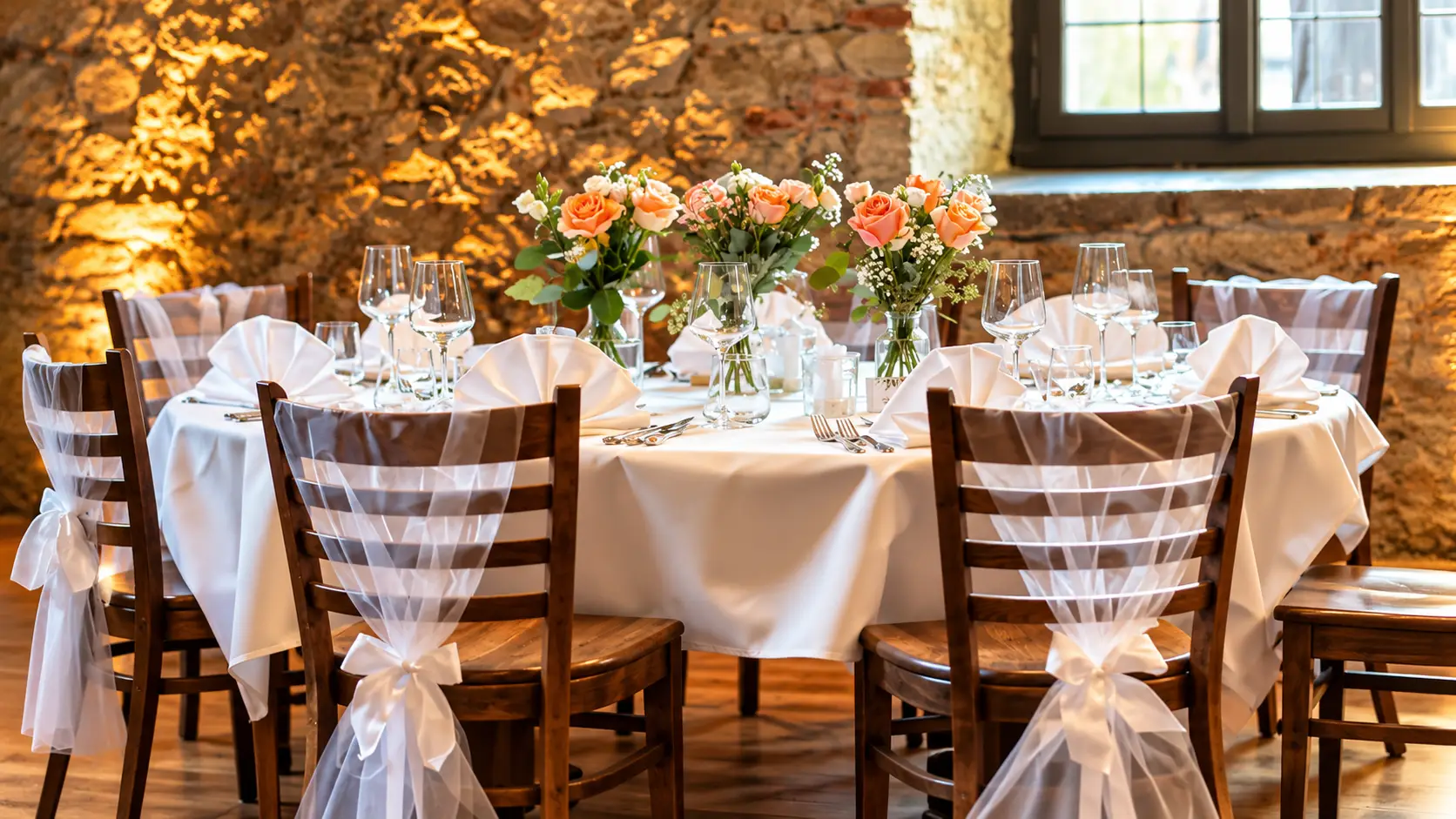 Festlich gedeckte Tafel im Mühleraum mit Blumenschmuck und Tüllbändern an den Stuhlrücken